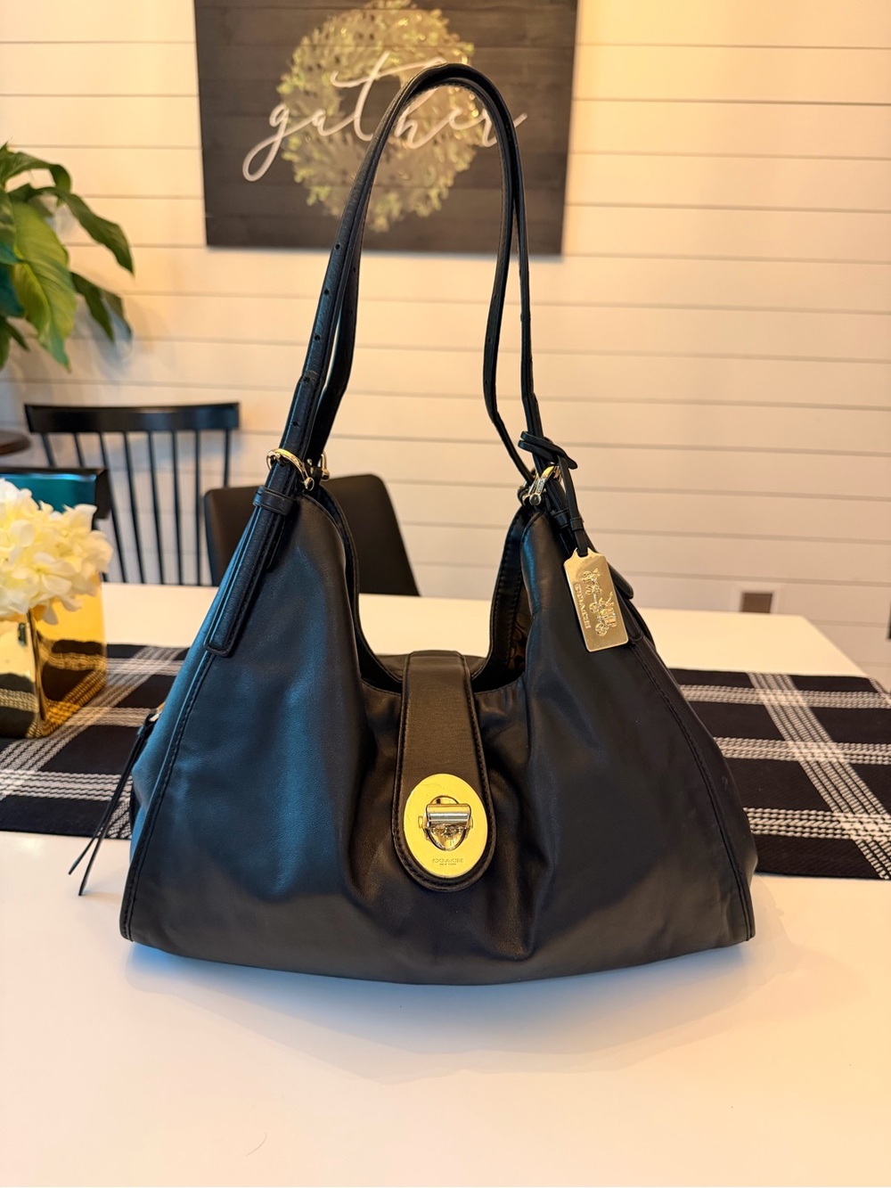 Coach Black Leather Shoulder Bag with Gold-Tone Hardware